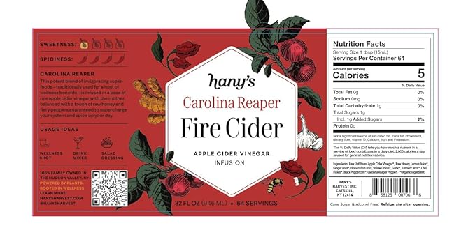 Hany's Harvest Carolina Reaper Fire Cider - 32 fl oz Glass Bottle | All-Natural, Small-Batch, Handcrafted, Non-GMO, Gluten-Free