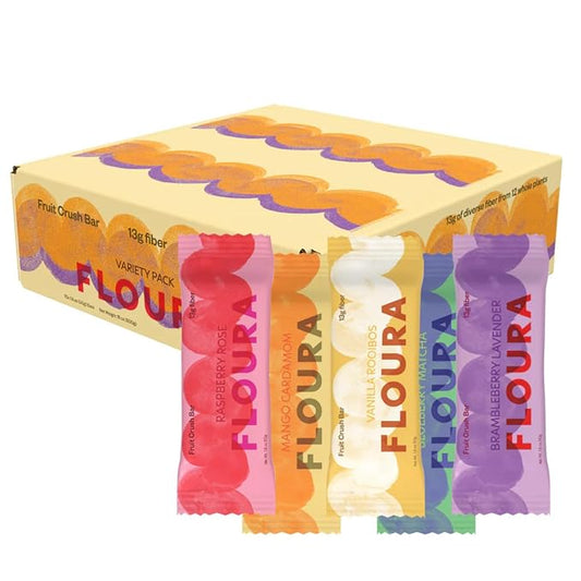 Floura Variety Pack Fruit-Forward Fiber Bars??High Fiber, Vegan, Gluten & Dairy Free, Low Calorie Healthy Snack Bars with Upcycled Produce for Gut Health [10 Pack- 2 of Each Flavor]
