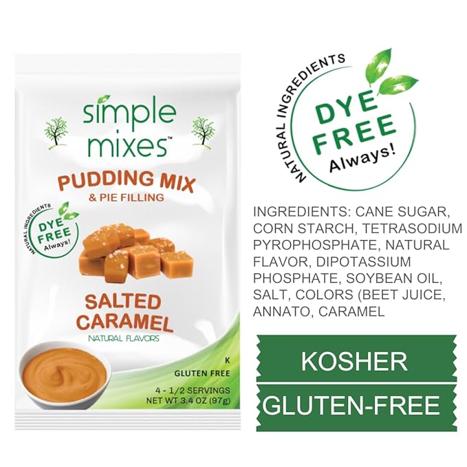 Simple Mixes Natural Instant Pudding & Pie Filling Mix, Vanilla, Chocolate, Salted Caramel, Gluten and Dye-Free, No Fat, or Lactose, Kosher, Variety 3 Pack