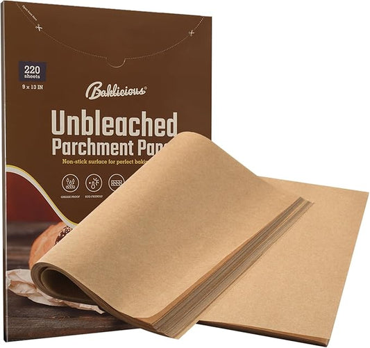 BAKLICIOUS 220 Pcs 9x13 inch Unbleached Parchment Paper Baking Sheets, Baklicious Pre-cut Heavy Duty Parchment Baking Paper for Air Fryer, Oven, Bakeware, Steaming, Cooking Bread, CupCake, Cookies