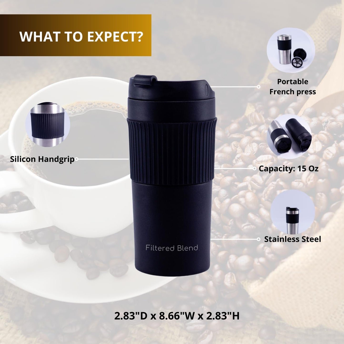15oz Stainless Steel Travel French Press-Insulated Coffee Mug-Tumbler Black