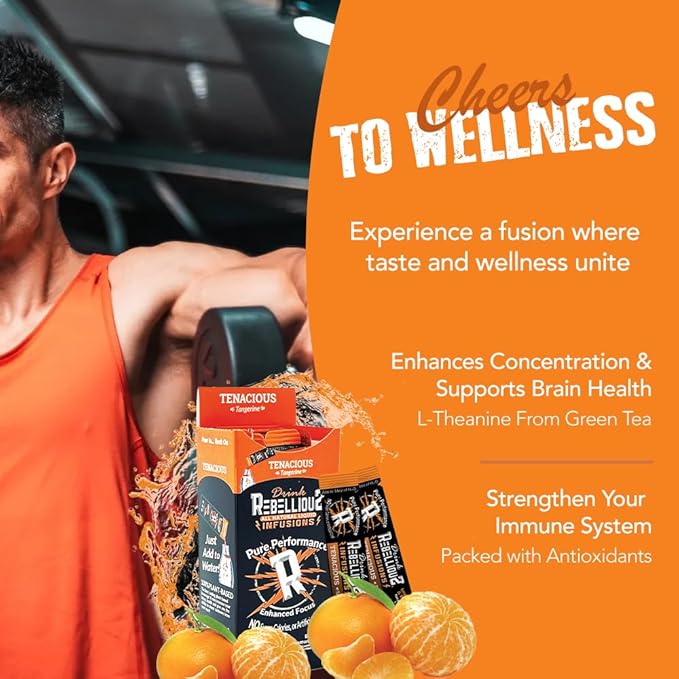 Rebellious Tenacious Tangerine Organic Drink Mix ??Zero Calorie Energy Drink Mix | Monk Fruit & Green Tea Extract | L-Theanine + Natural Caffeine | 100% Plant-Based | Pack of 10 | Keto,Gluten-Free