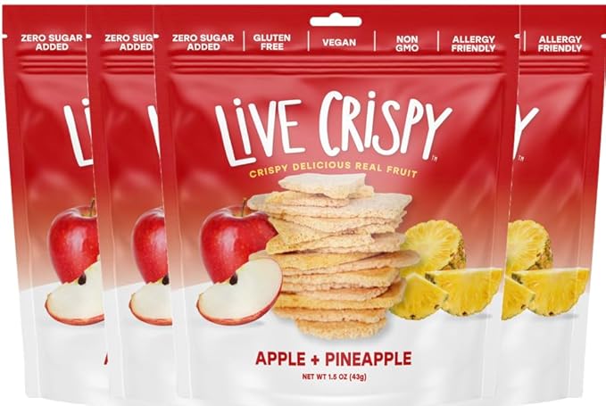 Live Crispy Fruit Chips - Pineapple-Powered Snack Packed with 100% Natural Fruit - Antioxidant-Rich, Vitamin-Packed (Apple/Pineapple) 4 Pack