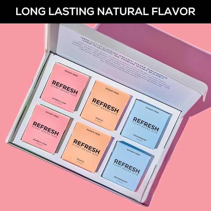 Refresh Gum, Xylitol, Sugar Free, Natural, Long Lasting Chewing Gum, Natural Flavors & Organic Ingredients, Plant-Based, Non GMO, Gluten Free, Vegan, Peppermint, Bubble Gum & Peach, 12 Pcs, 6 Pack