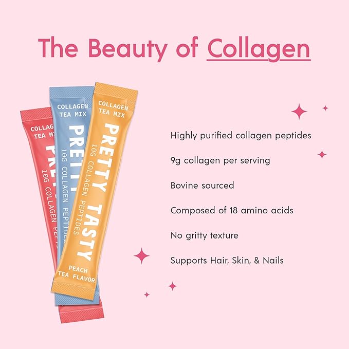 Raspberry Radiance Collagen Tea - Stick Pack Pouch, Sun-Kissed Raspberry Blend, Beauty and Wellness, 10g Collagen Peptides Mix, 30 Count