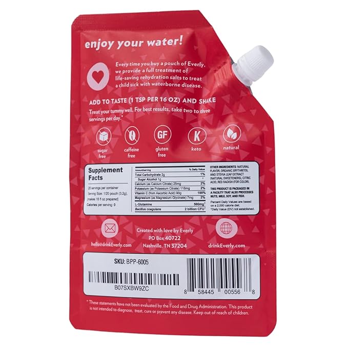 Everly Belly Health Probiotic Supplement - Sugar-Free, Zero Calorie, Keto-Friendly Water Flavoring & Enhancer - Fruit Punch, Natural Sweeteners Stevia & Organic Erythritol, 20 Servings Pouch