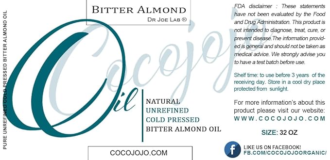 cocojojo Pure Bitter Almond 32 oz 1 Quart Oil Unrefined Cold Pressed Extra Virgin All Natural Perfect for Hair Face Skin Nails