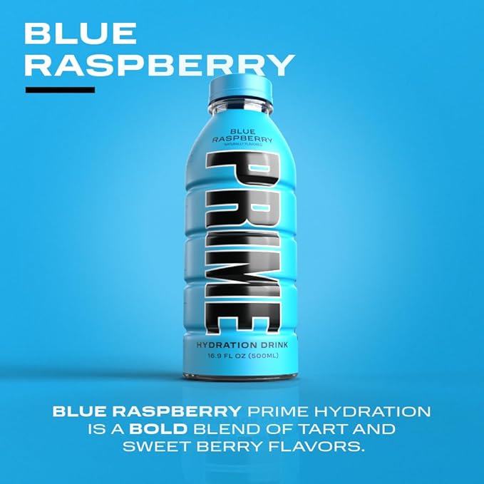 PRIME Hydration BLUE RASPBERRY, Sports Drinks, Electrolyte Enhanced for Replenishing Fluids, 250mg BCAAs, B Vitamins, Antioxidants, Low Sugar, 16.9 Fl Oz, 12 Pack