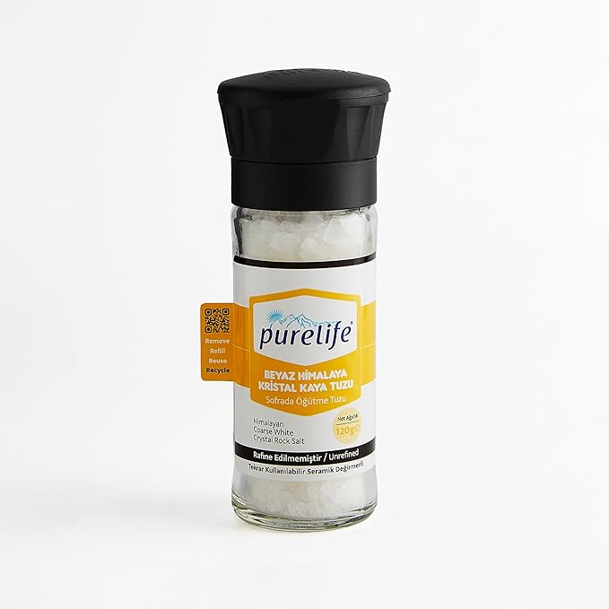 Purelife Himalayan Salt White Coarse Kosher Unrefined - Gourmet Natural Crystal Rock Salt with Minerals in Glass Bottle with Ceramic Mill – From Mineral Balanced Part (WHITE) of Same Mine with Pink Salt- 4.23oz