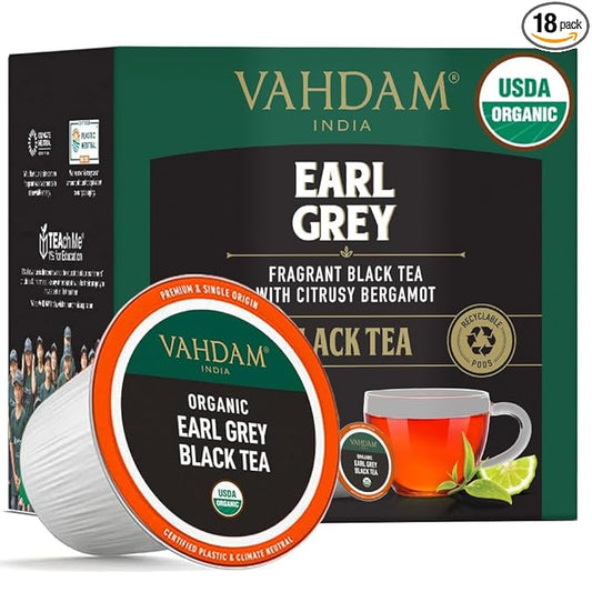 VAHDAM Organic Earl Grey Black Tea K Cup (18 Pods) Keurig Compatible | USDA Organic Black Tea with Citrusy Bergamot, Med Caffeine | BPA Free & Recyclable Pods, Single Serve