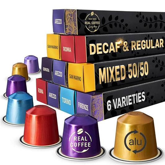 6 Unique Coffee Blends | Decaf & Regular | 100 Premium Aluminium Capsules for Nespresso | 50 Decaf, 50 Caffeinated | Featuring Arezzo: Smooth & Rich, Roma: Bold & Intense, Firenze: Full-bodied & Creamy, San Marino: Balanced & Aromatic