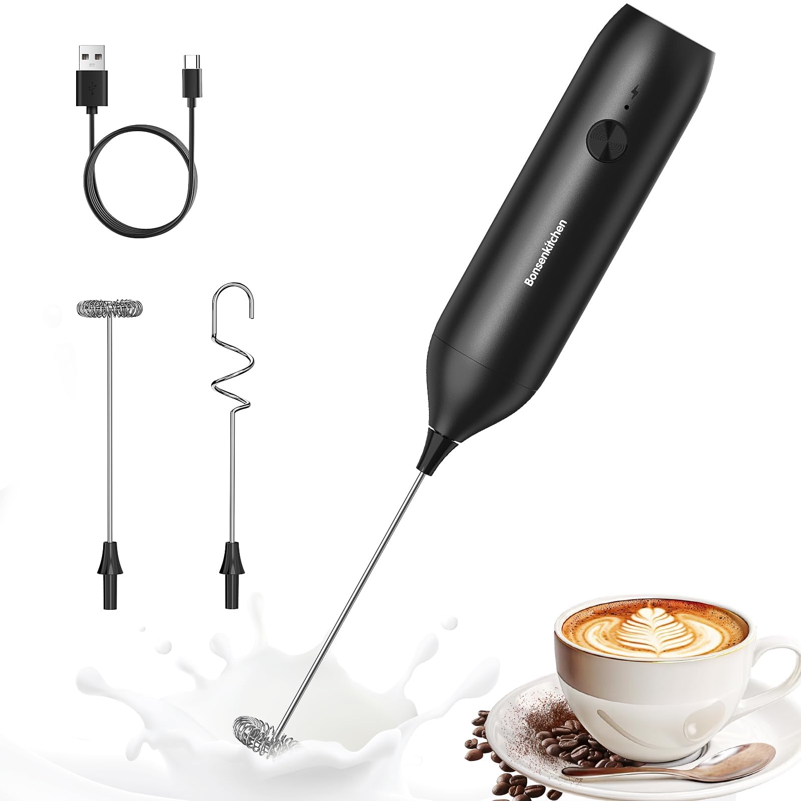 Bonsenkitchen Rechargeable Milk Frother Handheld, Charging USB-C