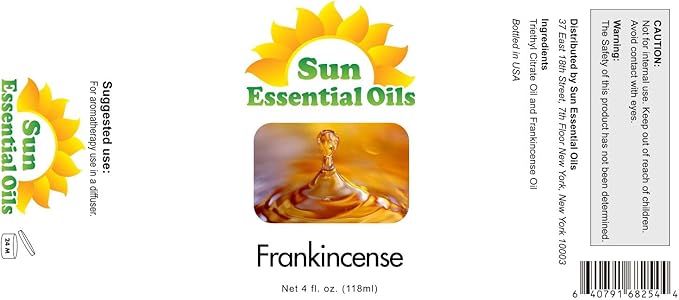 Sun Essential Oils ??4 oz Frankincense Essential Oil with Dropper for Diffuser, Skin, Face, Aromatherapy Massage, Humidifier, Warm & Resinous Scent for Candle, Lotion & Soap Making, Room Fragrance