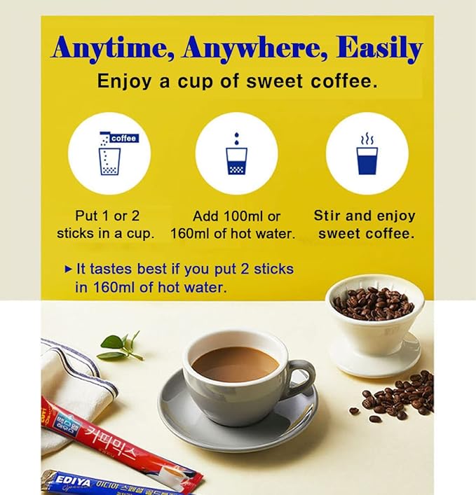 Korean 3 in 1 Instant Coffee Mix Variety Sample Packets - 8 Sticks of 4 Different Flavors.Camping or Traveling Essentials.