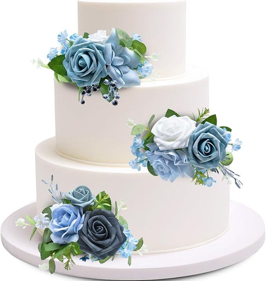 Marriwise 3Pcs Pre-made Cake Toppers Flowers, Light Blue Wedding Cake Decoration, Artificial Flowers Decor for Wedding Ceremony Anniversary, Birthday Party, Outdoor (Light Blue)