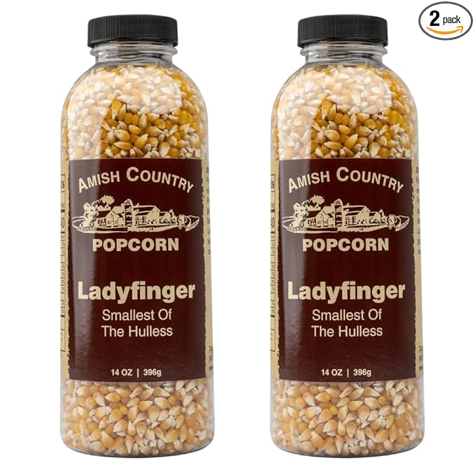 Amish Country Popcorn | 2-14 oz Bottles | Ladyfinger Popcorn Kernels | Old Fashioned, Non-GMO and Gluten Free (2-14 oz Bottles)