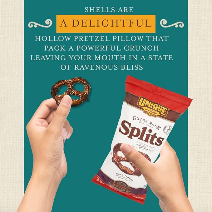 Unique Snacks Extra Dark Splits Pretzels, Original Split-Open Pretzels, Delicious Homestyle Baked Snack Bag, Vegan, OU Kosher, and Non-GMO Food, No Artificial Flavor, 11 Oz. Bag, Pack of 12