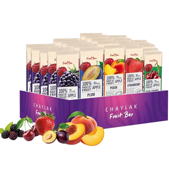 Fruit Snacks Bar by Chaylak, Fruit Leather Variety Pack, 100% Natural, No Sugar Added, Gluten-Free, Vegan, Healthy On-the-Go Snack for Adults & Kids ??Assorted Real Fruit Flavors, Bulk 0.70 oz x 25
