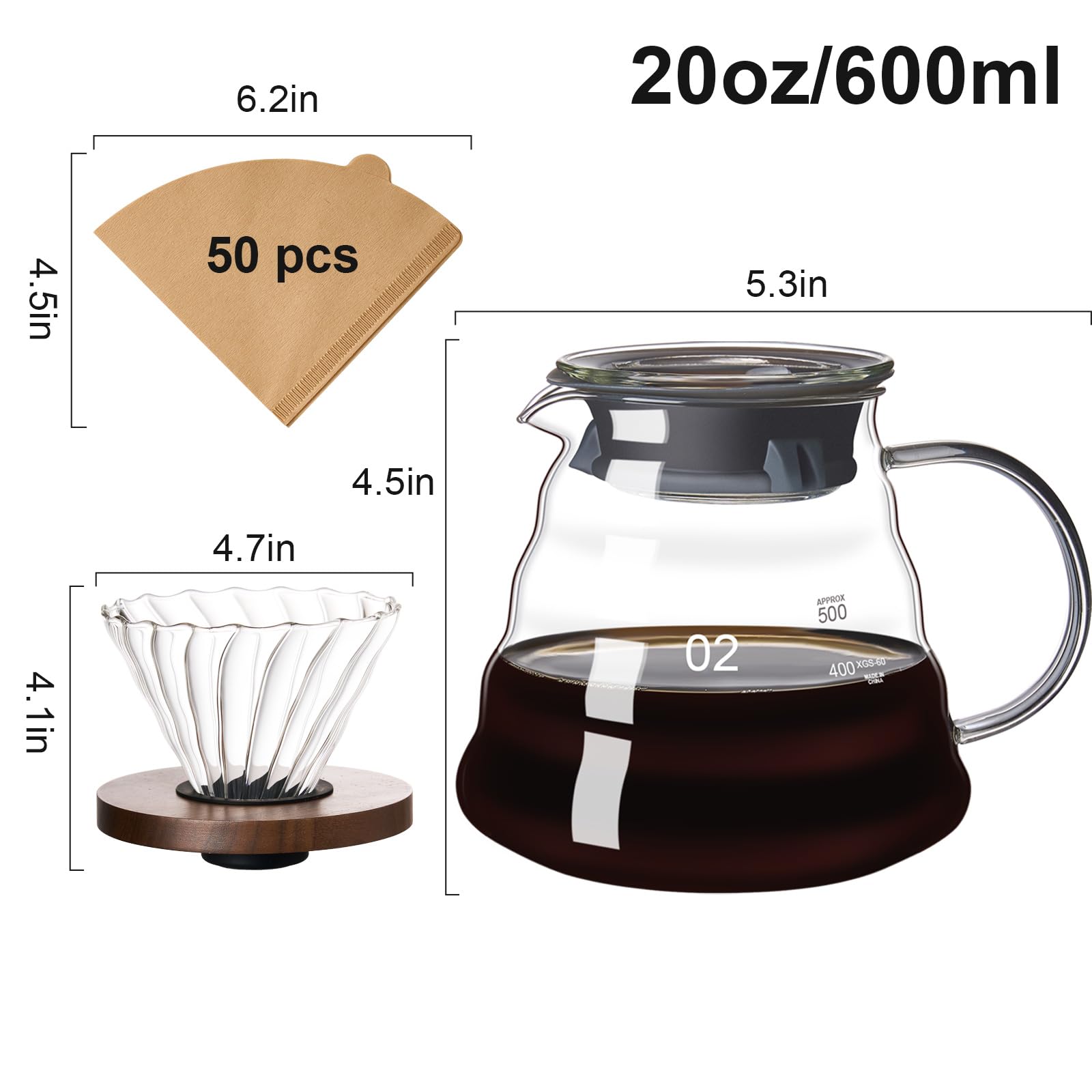 gegewawa Pour Over Coffee Maker Set, Glass Coffee Dripper & Carafe 20 fl oz