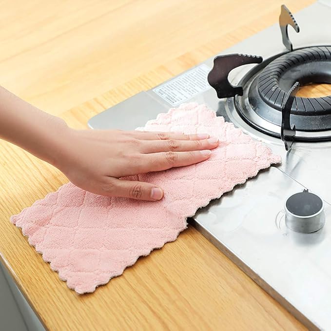 kimteny 12 Pack Kitchen Cloth Dish Towels, Premium Dishcloths, Super Absorbent Coral Velvet Dishtowels, Nonstick Oil Washable Fast Drying (Pink-Grey)