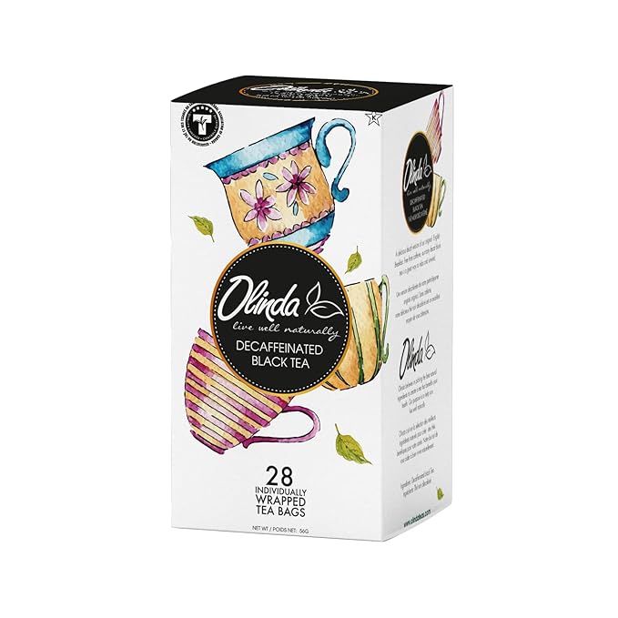 Olinda Decaffeinated Black Tea Premium Organic Sugar Free Decaf Flavored 28 Individually Wrapped Tea Bags Enjoy Hot or Iced Smooth Relaxing & Antioxidant Rich Evening Tea
