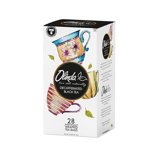 Olinda Decaffeinated Black Tea Premium Organic Sugar Free Decaf Flavored 28 Individually Wrapped Tea Bags Enjoy Hot or Iced Smooth Relaxing & Antioxidant Rich Evening Tea