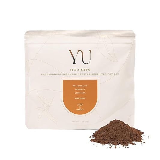 Yu Tea Organic Hojicha Green Tea Powder | Rich in Antioxidants & EGCG | Pure Japanese Roasted Green Tea | Low Caffeine & Unsweetened Matcha Alternative | Resealable Pouch, 2.65 oz, 75 Servings
