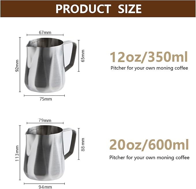 Milk Frothing Pitcher,350ml/600ml Milk Frother Cup Stainless Steel Kettle (12oz/20oz) Coffee Bar Cappuccino Espresso Machine Accessories Barista Tools (12oz)