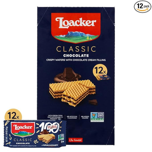 Loacker Classic Chocolate Wafers - Premium Crispy Wafer Cookies with Chocolate Cream Filling - Multipack of 12 Snack Packs - NON-GMO - Sustainably Sourced Cocoa - 45g/1.59oz, Pack of 12