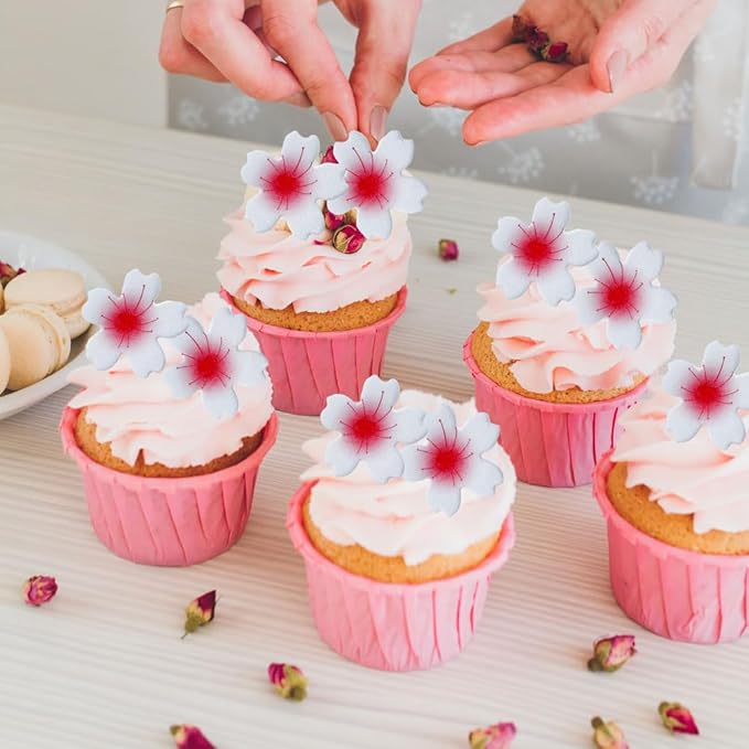 100 PCS Edible Cherry Blossom Cupcake Toppers Wafer Paper Flowers Cupcake Picks Edible Oriental Cherry Cake Decorations for Spring Bridal Engagement Baby Shower Birthday Party Cake Decoration Supplies