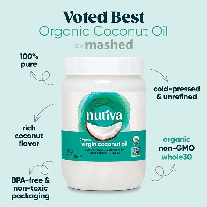 Nutiva Organic Coconut Oil, 29 Fl Oz - USDA Organic Cold Pressed Unrefined Extra Virgin Coconut for Cooking, Skin, Hair, Massage, and Oil Pulling. Contains Natural MCT