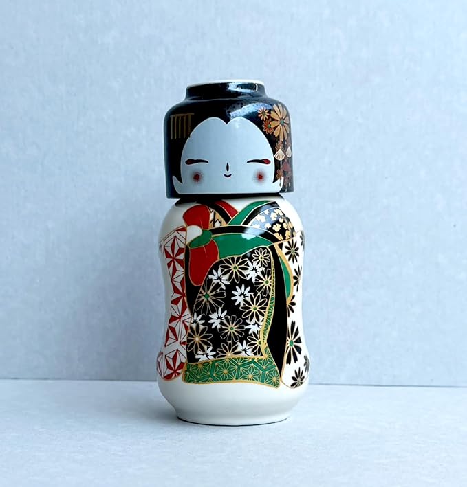 Japanese Traditional Kokeshi Design Sake Wine Soju Ceramic Set with 1 Ochoko Cup and 1 Tokkuri Bottle Gifts (Kokeshi Kiku Maiko)