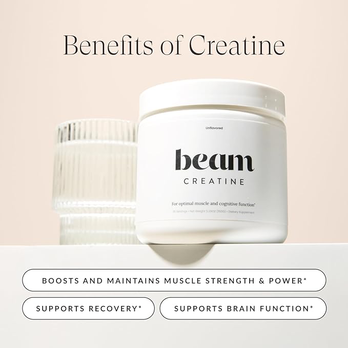 Beam Creatine Monohydrate Powder - Micronized Creatine for Muscle Growth, Strength, Endurance & Recovery - Unflavored, Fast-Dissolving, Workout Supplement for Men & Women, Keto & Vegan - 30 Servings