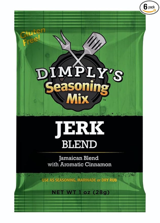Dimply's Jamaican Jerk Seasoning Mix ??Dry Rub and Marinade for Chicken, Meat, Vegetables, Tofu ??Bold Caribbean Spice Blend ??Vegan, Gluten Free, No MSG, No Preservatives ??6 oz Bag, 6 Pack