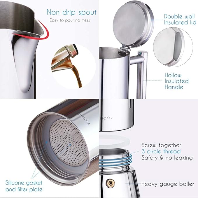 Easyworkz Diego Stovetop Espresso Maker Stainless Steel Italian Coffee Machine Maker 4Cup 6.8 oz Induction Moka Pot
