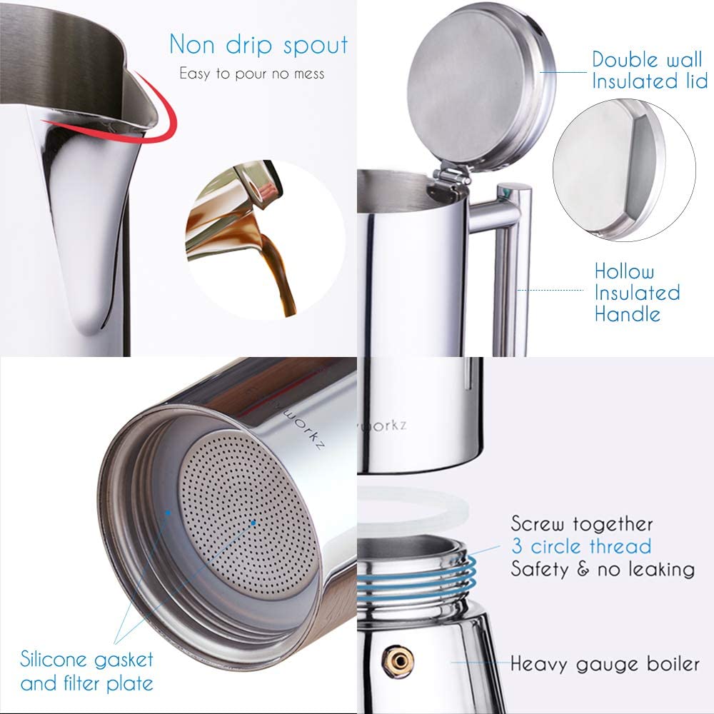Easyworkz Diego Stovetop Espresso Maker Stainless Steel Italian Coffee Machine Maker 4Cup 6.8 oz