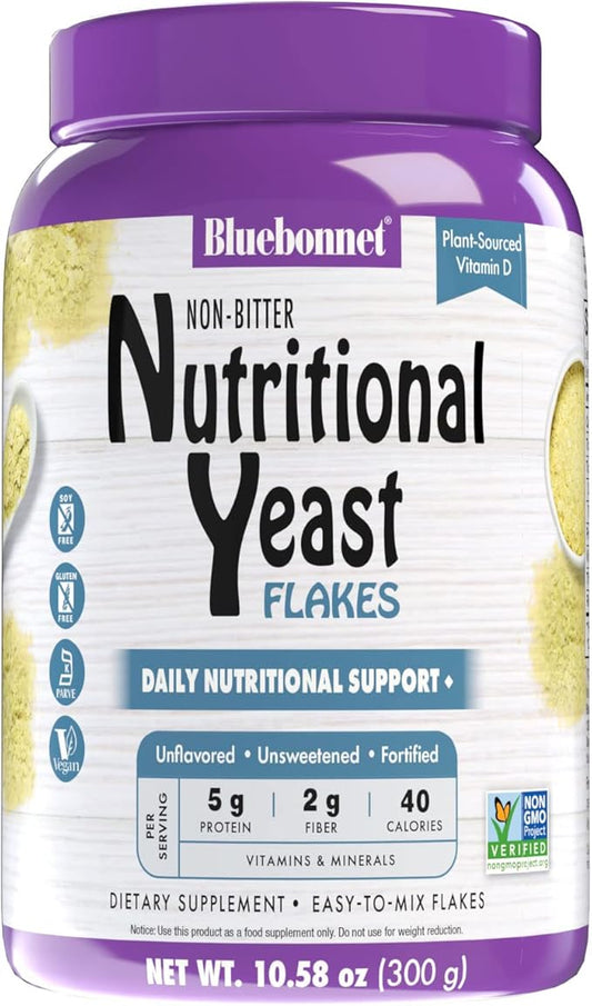 BlueBonnet Nutrition Non-Bitter Nutritional Yeast Flakes - Plant-Sourced Protein, B Vitamins & Vitamin D - Non-GMO, Vegan, Kosher, Gluten-Free, Soy-Free - 10.58 oz, 30 Servings