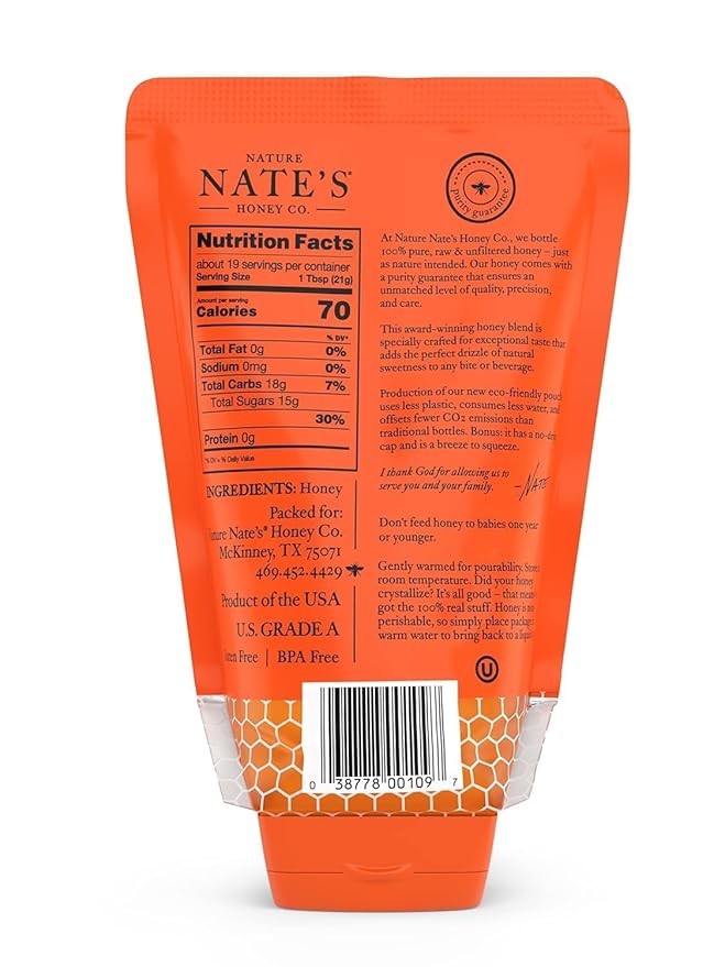 Nature Nate's 100% Guarantee Pure Raw & Unfiltered Honey, No-Drip Sustainable Squeeze Pouch, 14 Oz (Pack of 2)