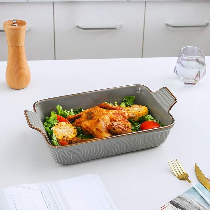 KOOV Bakeware Set, Ceramic Baking Dish Set, Rectangular Casserole Dish Set, Lasagna Pans for Cooking, Cake Dinner, Kitchen, 9 x 13 Inches, Texture Series 3-Piece (3 Piece, Cloudy Grey)