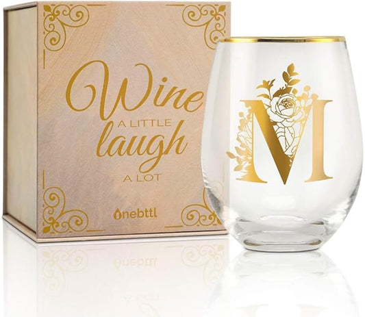 Onebttl Unique Stemless Wine Glasses, Initial Wine Cup for Red or White Wine - 18oz, Monogrammed, Gold - for Women, Girls, Female, Her, Friends, Coworkers, Clients - for Birthday, Christmas