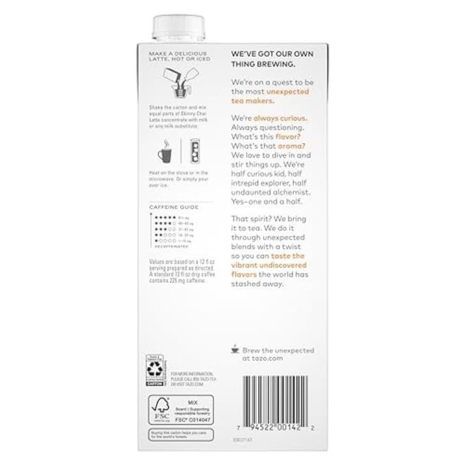 TAZO Skinny Chai Latte Concentrate, Hot or Iced Black Tea, Easy-to-Serve, Everyday Low Calorie Lattes and Mocktails, 32 oz Carton (Pack of 2)
