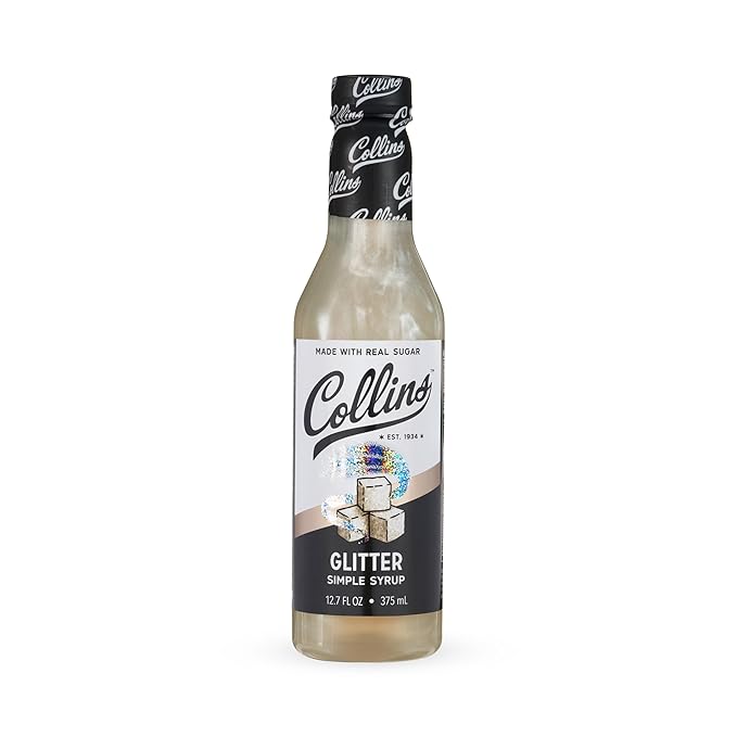Collins Glitter Simple Syrup, Sparkle Cocktail Mixer with Edible Shimmer, Made with Real Sugar, No High-Fructose Corn Syrup, Ideal for Festive Cocktails and Mocktails, Party Essentials, 12.7 oz