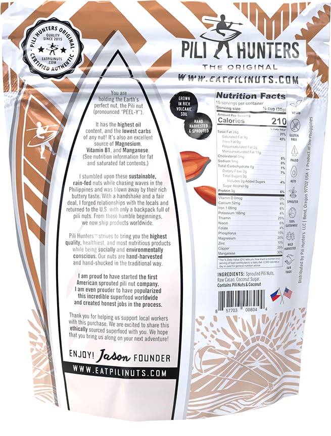 Pili Hunters Wild Sprouted Pili Nuts - Raw Cacao & Organic Coconut Sugar - Paleo & Vegan Keto Snack for Low Carb Energy - Gluten & Dairy Free Superfood - Non-GMO - As Seen on Shark Tank - (16 oz Bag)