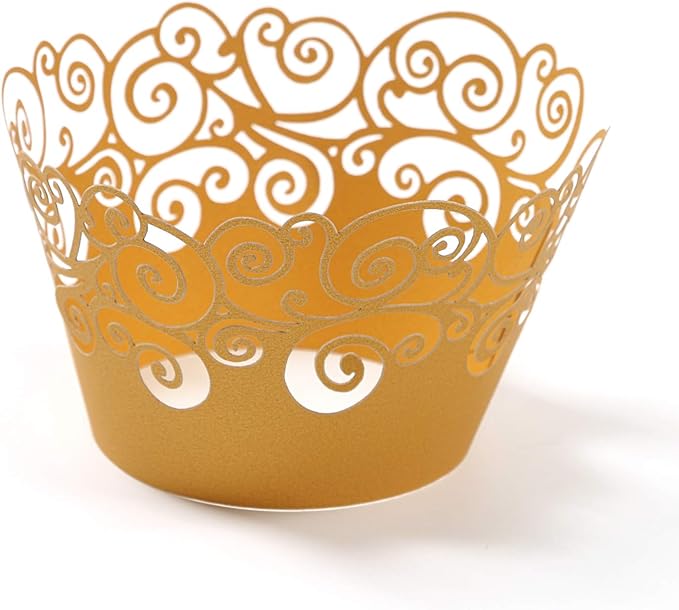Cupcake Wrappers, KPOSIYA 100 Pack Cupcake Wraps Filigree Artistic Bake Cake Paper Cup Little Vine Laser Cut Liner Baking Cups Muffin Case Trays for Wedding Party Birthday Decoration (100, Gold)