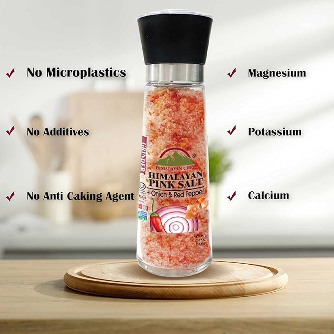 Himalayan Chef Pink Salt with Roasted Onion & Red Crushed Pepper, Tall Glass Grinder, 10.58 Oz