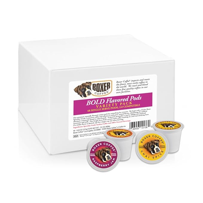 Boxer Coffee 48 Count Bold Naturally Flavored Medium Roast Coffee Variety Pack Sampler Single-Serve Cups Pods Specialty Grade Gourmet Artisan Coffee Compatible with Keurig K-Cup Brewers