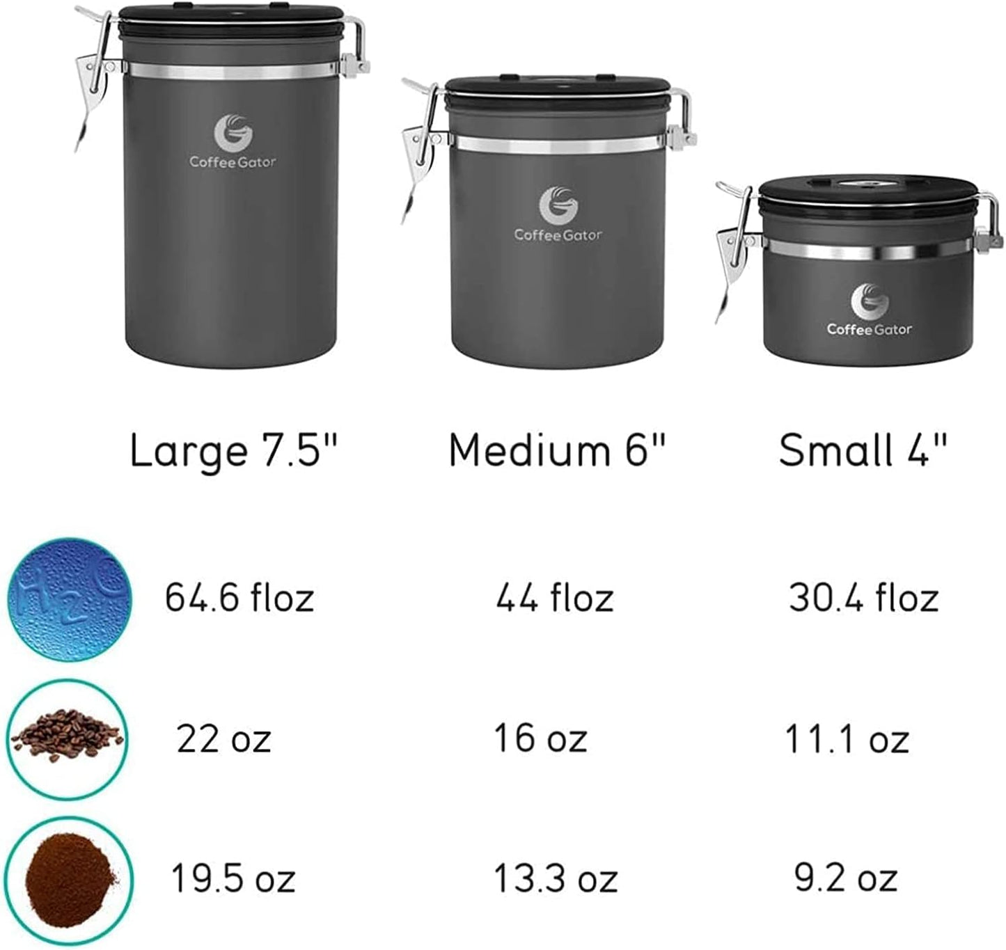 Coffee Gator Coffee Canister, 11oz Airtight Stainless Steel Kitchen Food Storage Container with