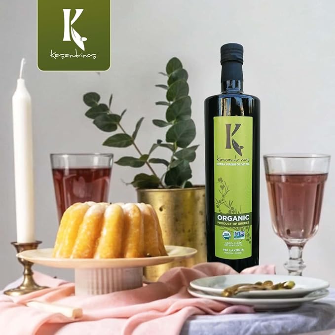 Kasandrinos Organic Olive Oil Extra Virgin, Polyphenol Rich Greek Olive Oil, 100% Organic First Cold Pressed, Mild + Delicate Flavor, Verified by Non GMO, 1 L / 33.8 oz