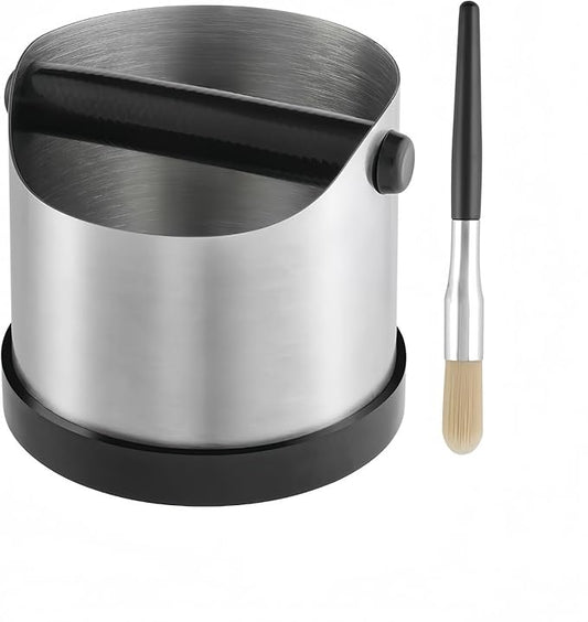 Coffee Grounds Knock Box, Small Stainless Steel Espresso Coffee Knock Box, Coffee Grind Knock Out Box with Removable Knock Bar and Coffee Brush, Coffee Grounds Container with Non-Slip Base