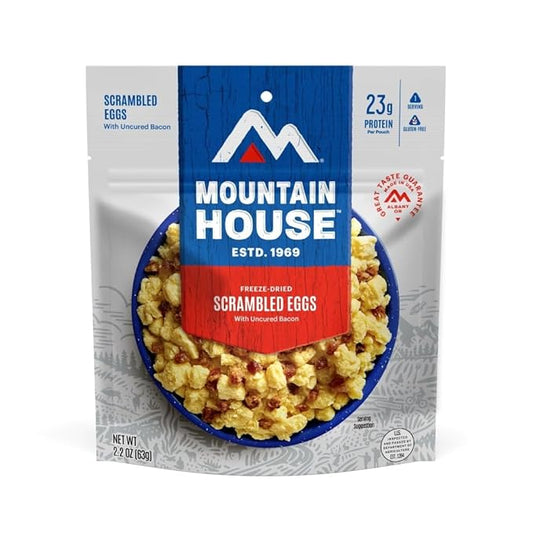 Mountain House Scrambled Eggs with Uncured Bacon | Freeze Dried Backpacking & Camping Food | 1 Serving | Gluten-Free